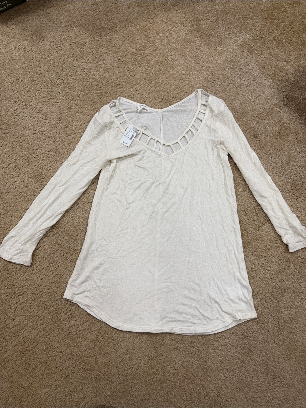 Maurices Cream Long Sleeve V-Neck Top with Ladder Cutout